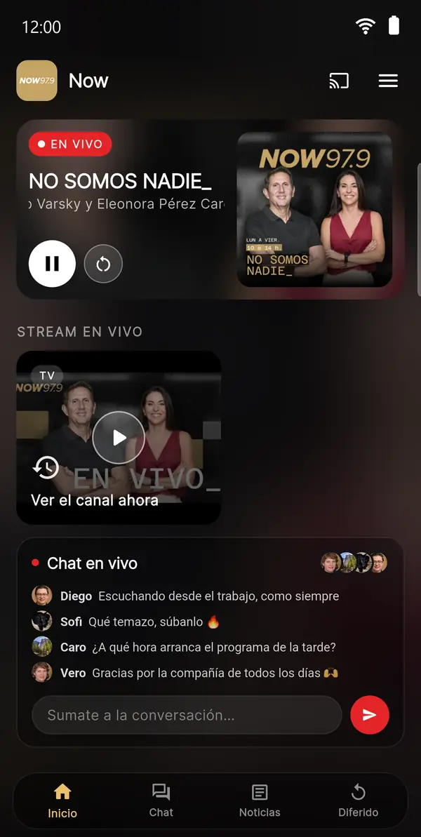 Inicio de la app de Radio NOW 97.9: el programa en vivo, el canal de TV y el chat de oyentes