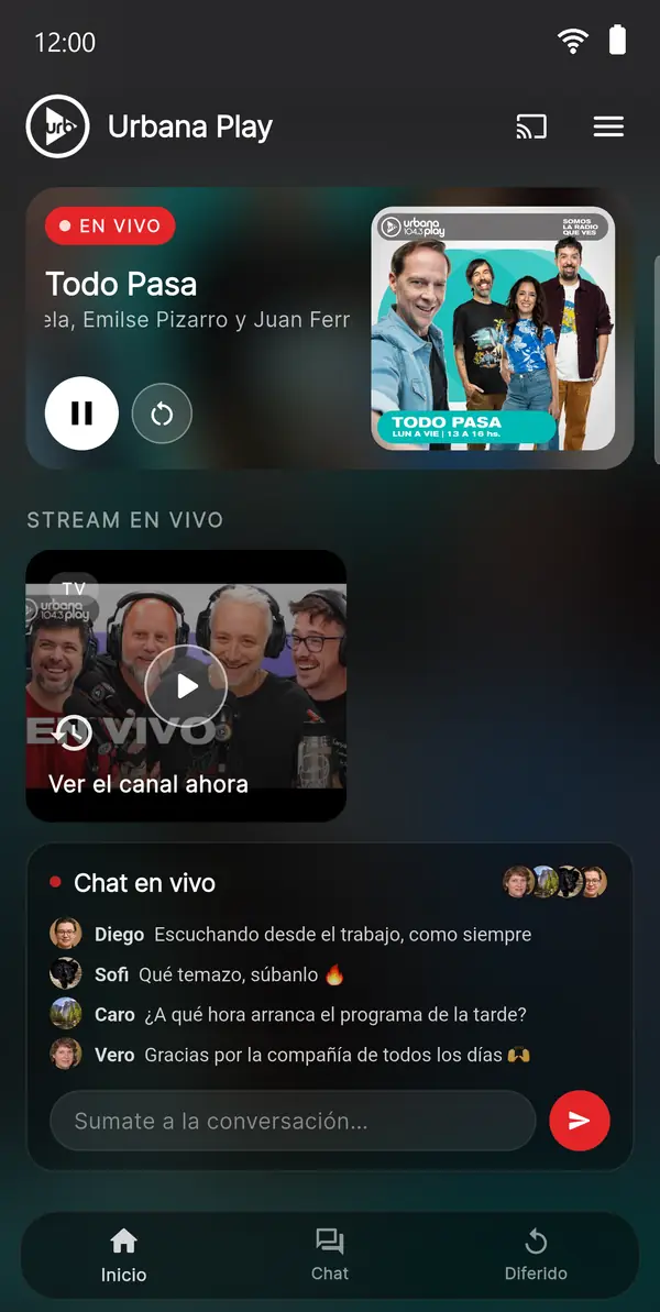 Inicio de la app de Urbana Play, con los colores de la radio