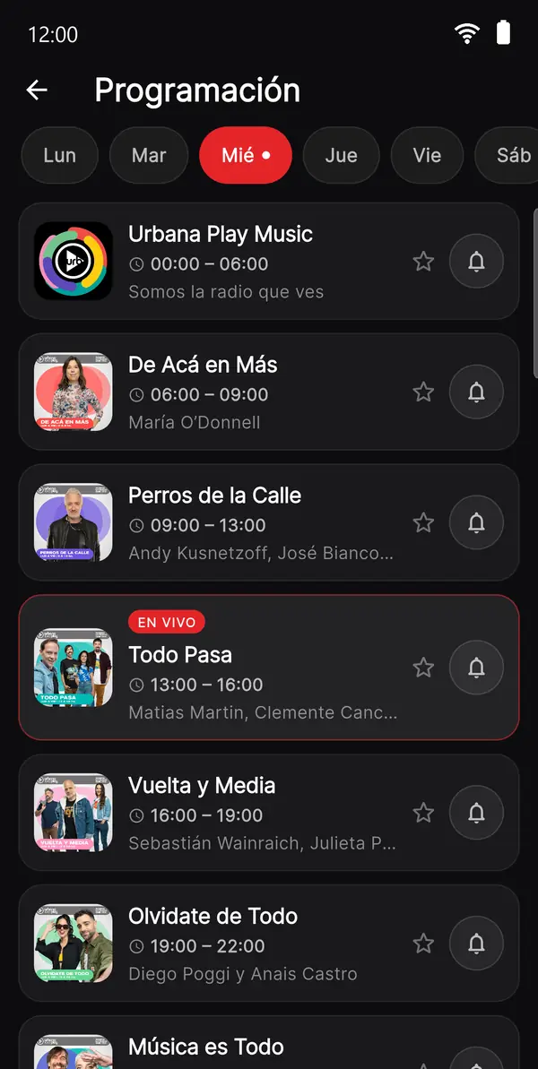 Programación de Urbana Play en la app, con el programa al aire marcado y recordatorios