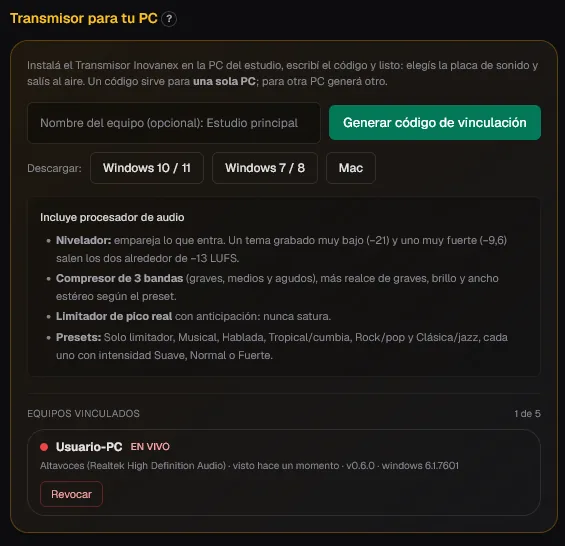 Sección Transmisor para tu PC del panel de INOVANEX: código de vinculación, descargas para Windows y Mac, procesador de audio incluido y equipos vinculados