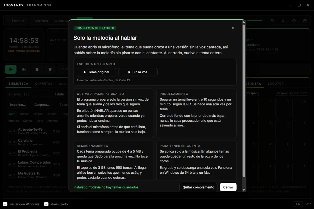 Ventana del complemento gratuito Solo la melodía al hablar: explica qué pasa al usarlo, cuánto tarda en preparar cada tema, cuánto espacio ocupa y qué tener en cuenta