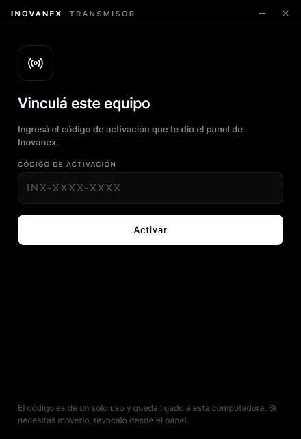 Transmisor INOVANEX "Link this computer" screen: you paste the INX-XXXX-XXXX activation code from the panel